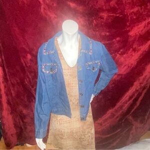 Vintage Embroidered Blue Denim Jacket & high low slip dress small